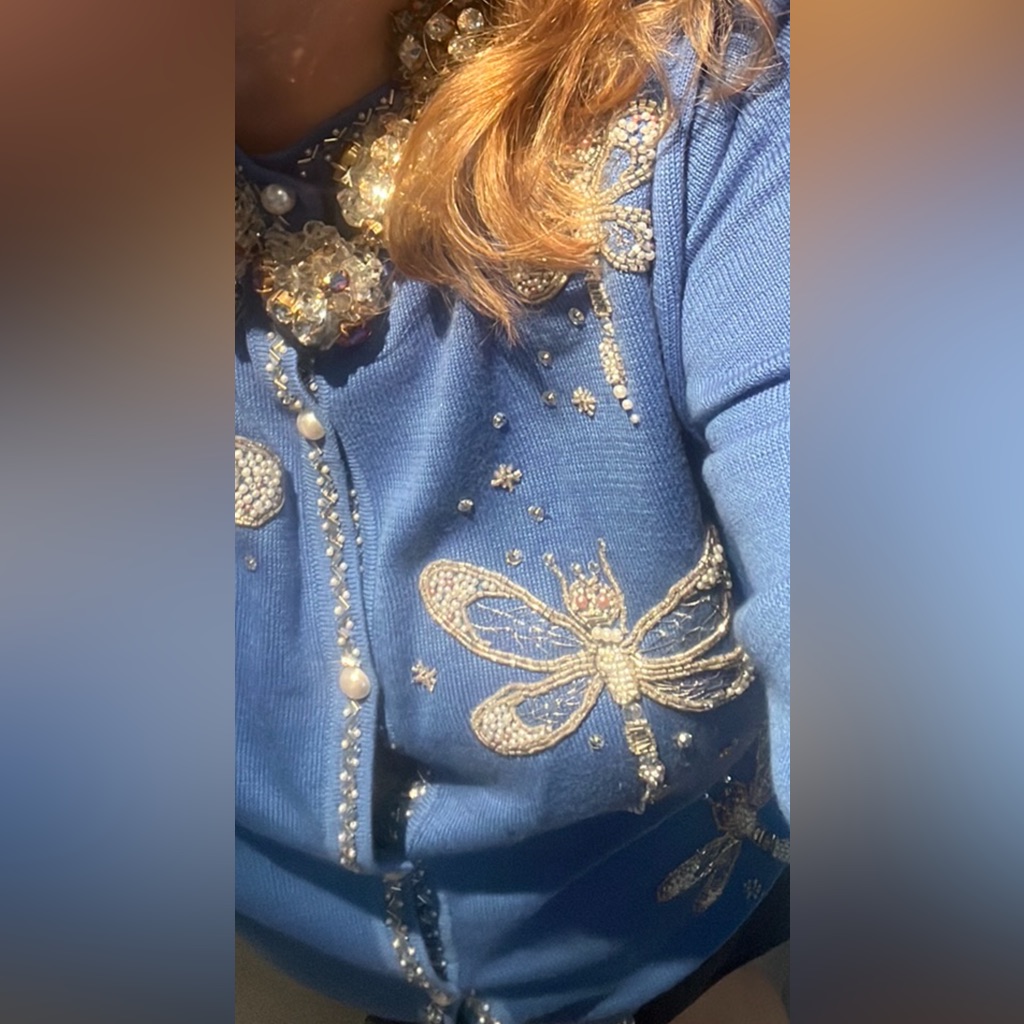 Bob Mackie Elegant Blue Dragonfly Embellished Sweater With Rhinestones
